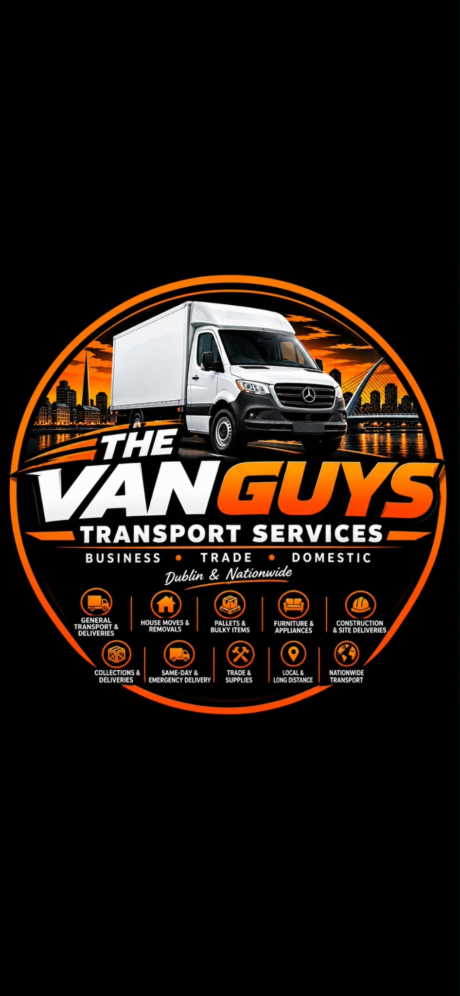 The Van Guys Transport Services van and Dublin skyline